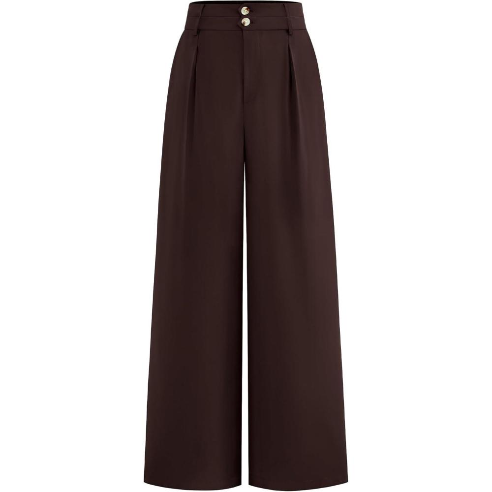imageBTFBM Women Wide Leg Dress Pants 2025 High Waisted Button Pleated Business Casual Trousers Office Work Palazzo PantsDark Brown