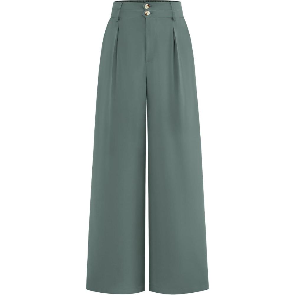 imageBTFBM Women Wide Leg Dress Pants 2025 High Waisted Button Pleated Business Casual Trousers Office Work Palazzo PantsGrey Green