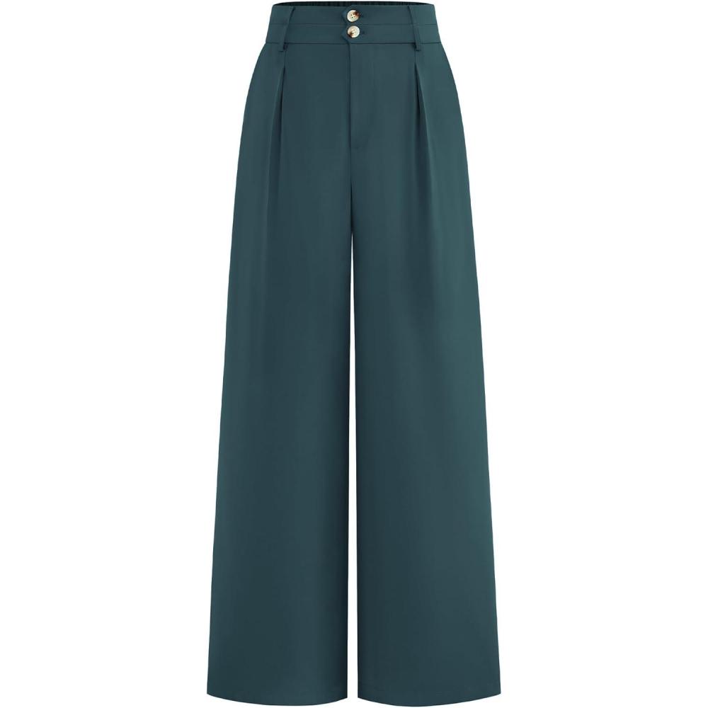 imageBTFBM Women Wide Leg Dress Pants 2025 High Waisted Button Pleated Business Casual Trousers Office Work Palazzo PantsTeal