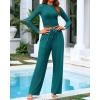 imageBTFBM Casual 2 Piece Sets For Women Fall Outfits 2025 Ribbed Long Sleeve Crop Top Wide Leg Pants Matching Lounge SetBlue Green