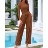 imageBTFBM Casual 2 Piece Sets For Women Fall Outfits 2025 Ribbed Long Sleeve Crop Top Wide Leg Pants Matching Lounge SetBrown