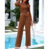 imageBTFBM Casual 2 Piece Sets For Women Fall Outfits 2025 Ribbed Long Sleeve Crop Top Wide Leg Pants Matching Lounge SetBrown