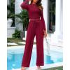 imageBTFBM Casual 2 Piece Sets For Women Fall Outfits 2025 Ribbed Long Sleeve Crop Top Wide Leg Pants Matching Lounge SetBurgundy