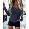 imageBTFBM Women Long Sleeve Shirts Fall Tops V Neck Button Up Slim Fit Ribbed Knit Solid Color Casual Shirts 2025Deep Blue