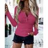 imageBTFBM Women Long Sleeve Shirts Fall Tops V Neck Button Up Slim Fit Ribbed Knit Solid Color Casual Shirts 2025Rose Red