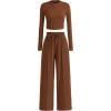 imageBTFBM Casual 2 Piece Sets For Women Fall Outfits 2025 Ribbed Long Sleeve Crop Top Wide Leg Pants Matching Lounge SetBrown