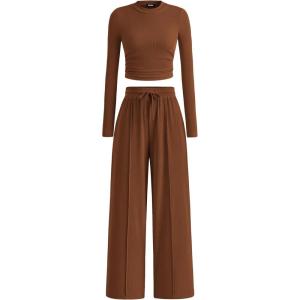 imageBTFBM Casual 2 Piece Sets For Women Fall Outfits 2025 Ribbed Long Sleeve Crop Top Wide Leg Pants Matching Lounge SetBrown