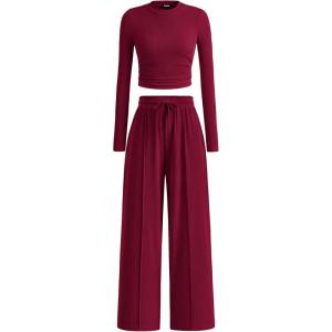 imageBTFBM Casual 2 Piece Sets For Women Fall Outfits 2025 Ribbed Long Sleeve Crop Top Wide Leg Pants Matching Lounge SetBurgundy