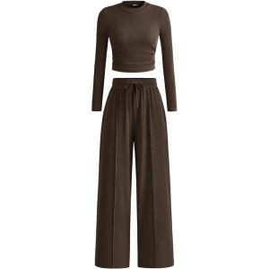 imageBTFBM Casual 2 Piece Sets For Women Fall Outfits 2025 Ribbed Long Sleeve Crop Top Wide Leg Pants Matching Lounge SetCoffee