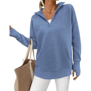 imageBTFBM Sweaters for Women Fall Clothes 2025 Pocket Quarter Zip Pullover V Neck Long Sleeve Knit Trendy Winter SweaterBlue