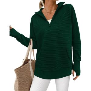 imageBTFBM Sweaters for Women Fall Clothes 2025 Pocket Quarter Zip Pullover V Neck Long Sleeve Knit Trendy Winter SweaterDark Green