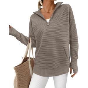 imageBTFBM Sweaters for Women Fall Clothes 2025 Pocket Quarter Zip Pullover V Neck Long Sleeve Knit Trendy Winter SweaterKhaki