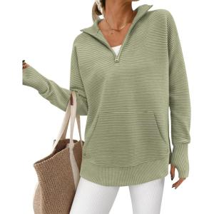 imageBTFBM Sweaters for Women Fall Clothes 2025 Pocket Quarter Zip Pullover V Neck Long Sleeve Knit Trendy Winter SweaterLight Green