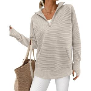 imageBTFBM Sweaters for Women Fall Clothes 2025 Pocket Quarter Zip Pullover V Neck Long Sleeve Knit Trendy Winter SweaterLight Grey
