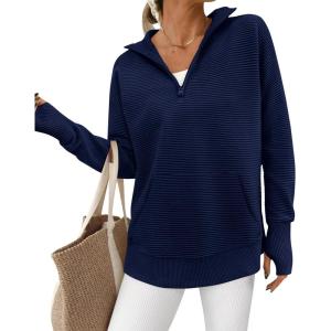imageBTFBM Sweaters for Women Fall Clothes 2025 Pocket Quarter Zip Pullover V Neck Long Sleeve Knit Trendy Winter SweaterNavy Blue