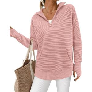 imageBTFBM Sweaters for Women Fall Clothes 2025 Pocket Quarter Zip Pullover V Neck Long Sleeve Knit Trendy Winter SweaterPink