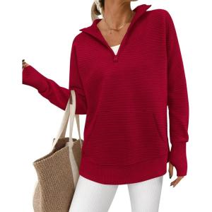 imageBTFBM Sweaters for Women Fall Clothes 2025 Pocket Quarter Zip Pullover V Neck Long Sleeve Knit Trendy Winter SweaterRed