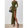 imageBTFBM Womens Maxi Dresses Fall 2025 Long Sleeve Ruched Bodycon Solid Ruffle Mermaid Cocktail Wedding Guest DressArmy Green