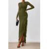 imageBTFBM Womens Maxi Dresses Fall 2025 Long Sleeve Ruched Bodycon Solid Ruffle Mermaid Cocktail Wedding Guest DressArmy Green
