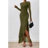 imageBTFBM Womens Maxi Dresses Fall 2025 Long Sleeve Ruched Bodycon Solid Ruffle Mermaid Cocktail Wedding Guest DressArmy Green