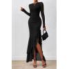 imageBTFBM Womens Maxi Dresses Fall 2025 Long Sleeve Ruched Bodycon Solid Ruffle Mermaid Cocktail Wedding Guest DressBlack