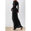 imageBTFBM Womens Maxi Dresses Fall 2025 Long Sleeve Ruched Bodycon Solid Ruffle Mermaid Cocktail Wedding Guest DressBlack