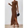 imageBTFBM Womens Maxi Dresses Fall 2025 Long Sleeve Ruched Bodycon Solid Ruffle Mermaid Cocktail Wedding Guest DressBrown