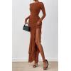 imageBTFBM Womens Maxi Dresses Fall 2025 Long Sleeve Ruched Bodycon Solid Ruffle Mermaid Cocktail Wedding Guest DressCaramel