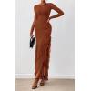 imageBTFBM Womens Maxi Dresses Fall 2025 Long Sleeve Ruched Bodycon Solid Ruffle Mermaid Cocktail Wedding Guest DressCaramel
