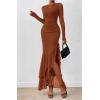 imageBTFBM Womens Maxi Dresses Fall 2025 Long Sleeve Ruched Bodycon Solid Ruffle Mermaid Cocktail Wedding Guest DressCaramel