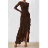 imageBTFBM Womens Maxi Dresses Fall 2025 Long Sleeve Ruched Bodycon Solid Ruffle Mermaid Cocktail Wedding Guest DressCoffee