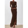 imageBTFBM Womens Maxi Dresses Fall 2025 Long Sleeve Ruched Bodycon Solid Ruffle Mermaid Cocktail Wedding Guest DressCoffee