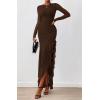 imageBTFBM Womens Maxi Dresses Fall 2025 Long Sleeve Ruched Bodycon Solid Ruffle Mermaid Cocktail Wedding Guest DressCoffee
