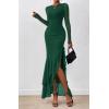 imageBTFBM Womens Maxi Dresses Fall 2025 Long Sleeve Ruched Bodycon Solid Ruffle Mermaid Cocktail Wedding Guest DressDark Green