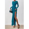 imageBTFBM Womens Maxi Dresses Fall 2025 Long Sleeve Ruched Bodycon Solid Ruffle Mermaid Cocktail Wedding Guest DressLake Blue