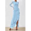 imageBTFBM Womens Maxi Dresses Fall 2025 Long Sleeve Ruched Bodycon Solid Ruffle Mermaid Cocktail Wedding Guest DressLight Blue
