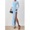 imageBTFBM Womens Maxi Dresses Fall 2025 Long Sleeve Ruched Bodycon Solid Ruffle Mermaid Cocktail Wedding Guest DressLight Blue