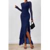 imageBTFBM Womens Maxi Dresses Fall 2025 Long Sleeve Ruched Bodycon Solid Ruffle Mermaid Cocktail Wedding Guest DressNavy