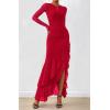 imageBTFBM Womens Maxi Dresses Fall 2025 Long Sleeve Ruched Bodycon Solid Ruffle Mermaid Cocktail Wedding Guest DressRed