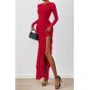 imageBTFBM Womens Maxi Dresses Fall 2025 Long Sleeve Ruched Bodycon Solid Ruffle Mermaid Cocktail Wedding Guest DressRed