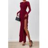 imageBTFBM Womens Maxi Dresses Fall 2025 Long Sleeve Ruched Bodycon Solid Ruffle Mermaid Cocktail Wedding Guest DressWine Red