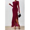 imageBTFBM Womens Maxi Dresses Fall 2025 Long Sleeve Ruched Bodycon Solid Ruffle Mermaid Cocktail Wedding Guest DressWine Red