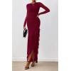 imageBTFBM Womens Maxi Dresses Fall 2025 Long Sleeve Ruched Bodycon Solid Ruffle Mermaid Cocktail Wedding Guest DressWine Red