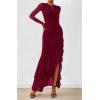 imageBTFBM Womens Maxi Dresses Fall 2025 Long Sleeve Ruched Bodycon Solid Ruffle Mermaid Cocktail Wedding Guest DressWine Red