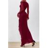 imageBTFBM Womens Maxi Dresses Fall 2025 Long Sleeve Ruched Bodycon Solid Ruffle Mermaid Cocktail Wedding Guest DressWine Red