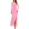 imageBTFBM Womens Maxi Dresses Fall 2025 Long Sleeve Ruched Bodycon Solid Ruffle Mermaid Cocktail Wedding Guest DressPink