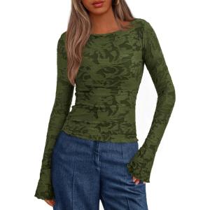 imageBTFBM Casual Long Sleeve Shirts Fall 2025 Going Out Tops for Women Trendy Floral Work Blouses Bodycon TunicsArmy Green