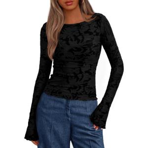 imageBTFBM Casual Long Sleeve Shirts Fall 2025 Going Out Tops for Women Trendy Floral Work Blouses Bodycon TunicsBlack