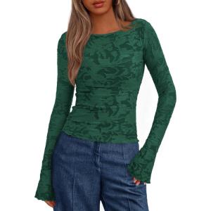 imageBTFBM Casual Long Sleeve Shirts Fall 2025 Going Out Tops for Women Trendy Floral Work Blouses Bodycon TunicsDark Green