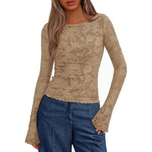 imageBTFBM Casual Long Sleeve Shirts Fall 2025 Going Out Tops for Women Trendy Floral Work Blouses Bodycon TunicsKhaki